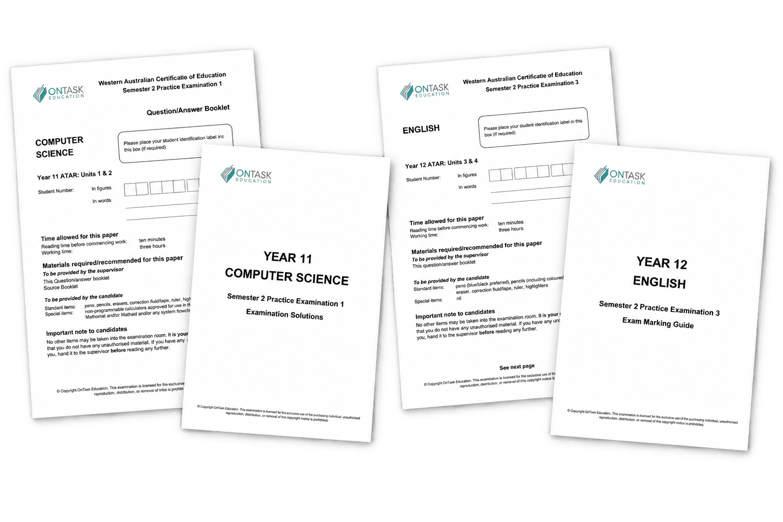 Exam papers shown beside their marking guides